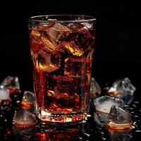 Glass of refreshing cola with ice cubes on a black background. Cool summer soda mockup. photo