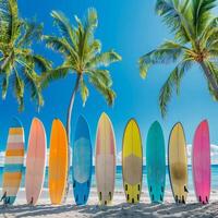 A collection of colorful surfboards lined up on a white sandy tropical beach surrounded by palm trees and the turquoise ocean in the background. photo