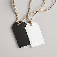 Black and white tags with strings on a gray background, blank tags concept, mock-up, copy space. Label tag mockup. Label Tag mockup template. Cloth label tag blank mockup. Price Label tag mockup. photo