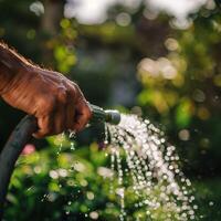 Close up of a hand holding a hose pipe watering the garden in summer. A person watering plants in a garden with a hose in hand on a sunny day. photo