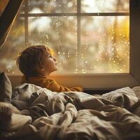 A lonely child sits on the windowsill and looks out the window concept closeup portrait photo
