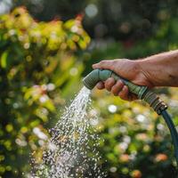 Close up of a hand holding a hose pipe watering the garden in summer. A person watering plants in a garden with a hose in hand on a sunny day. photo