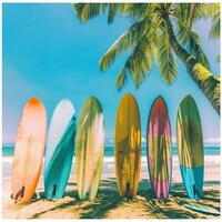 A collection of colorful surfboards lined up on a white sandy tropical beach surrounded by palm trees and the turquoise ocean in the background. photo