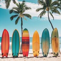 A collection of colorful surfboards lined up on a white sandy tropical beach surrounded by palm trees and the turquoise ocean in the background. photo