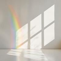 Mockup or photo design template with blurred rainbow light refraction texture overlay effect. Realistic organic natural light flash effects on a white wall.