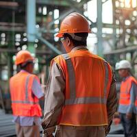 A group of workers wearing safety helmets and protective equipment at the workplace. photo