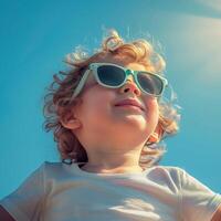 Cute little child in sunglasses smiles and looks at the bright sun and sky. Children concept. photo