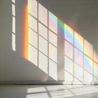 Mockup or photo design template with blurred rainbow light refraction texture overlay effect. Realistic organic natural light flash effects on a white wall.