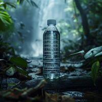 Plastic bottle with clean water on nature background. Water bottle on the background of the jungle, forest, ecologically, on the background of a stream, waterfall. Ecological water photo