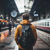 A man with a backpack is standing in front of a train station. A rear view shot of a trendy young man standing on the platform, hands in pockets, as he waits for his train to arrive, with the bustlin photo