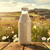 A bottle of milk on a stand, in the background there is a beautiful meadow with green grass and cows, an illustration for advertising proper nutrition and health. Modern agriculture photo