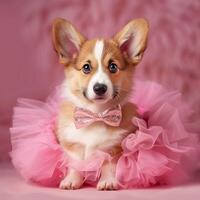 Adorable corgi puppy in a pink tutu and bowtie on a studio background photo