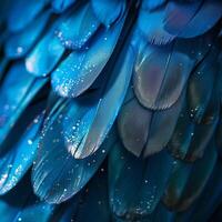 Captivating close-up of vibrant blue feathers with sparkling details and texture, embodying natural elegant background with copy space photo