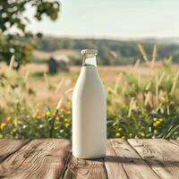 A bottle of milk on a stand, in the background there is a beautiful meadow with green grass and cows, an illustration for advertising proper nutrition and health. Modern agriculture photo