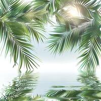 Abstract summer background, palm leaves shadows, white wall, sunlight, water ripples, copy space. Realistic Palm Leaves on Clear Background, 3D Render, Empty White Background. photo