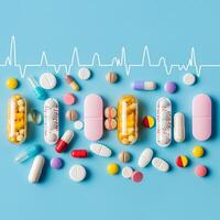 Colorful pills on blue background with heartbeat lines and assorted medication shapes. A vibrant array of medication and pill, capsules representing healthcare and pharmaceuticals. photo