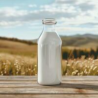 A bottle of milk on a stand, in the background there is a beautiful meadow with green grass and cows, an illustration for advertising proper nutrition and health. Modern agriculture photo