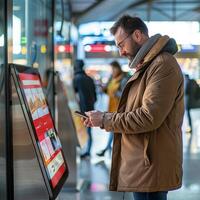 Businessman using his smartphone at a digital touchscreen kiosk in a modern station. photo