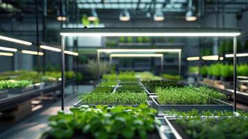 Greenhouse background, plants and growth for farming, agriculture and vegetables, fertilizer and soil. Automated Microgreen farm with watering and temperature control on vertical shelves photo