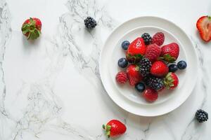 Top view plate with berries on marble table. Flat lay strawberries and blueberries on white background with copy space. Summer vegan nutrition. Healthy lifestyle diet concept fresh ripe raspberries photo