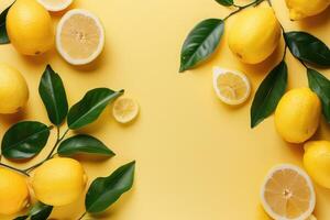 Flat lay of Summer tropical Lemons with leaves on pastel yellow background. Food concept. Top view of citrus with copy space photo