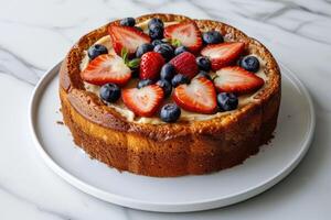 Side view of round pie with berries on white plate and marble table. Delicious baking cake with strawberries and blueberries on a light background. Bakery, holiday and summer homemade sweets concept photo