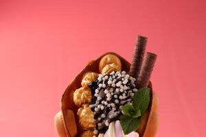 Hong kong or bubble waffle with ice cream and fruits isolated on white background photo