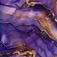 Gradient purple liquid marble pattern or watercolor background with textured glitter foil stripes. The effect of drawing with purple marbled alcohol ink with gold. photo