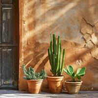 Desert plants in terracotta pots outside a rustic door, basking in natural sunlight beside a stucco wall. Background with copy space. Cactus in front of brown masonry wall of stones in sunshine photo