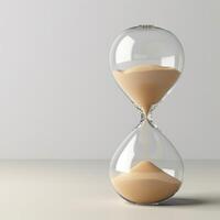 Hourglass. Sand passing in hourglass, countdown running time, deadline on grey background copy space. Falling sand showing the passing time of hourglass close-up and isolated concept for business photo
