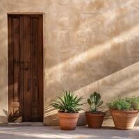 Desert plants in terracotta pots outside a rustic door, basking in natural sunlight beside a stucco wall. Background with copy space. Cactus in front of brown masonry wall of stones in sunshine photo