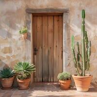 Desert plants in terracotta pots outside a rustic door, basking in natural sunlight beside a stucco wall. Background with copy space. Cactus in front of brown masonry wall of stones in sunshine photo