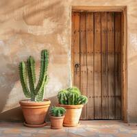 Desert plants in terracotta pots outside a rustic door, basking in natural sunlight beside a stucco wall. Background with copy space. Cactus in front of brown masonry wall of stones in sunshine photo