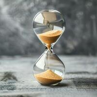 Hourglass. Sand passing in hourglass, countdown running time, deadline on grey background copy space. Falling sand showing the passing time of hourglass close-up and isolated concept for business photo