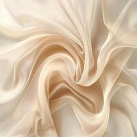 Soft delicate flowy beige satin fabric, ideal for background, drapery or texture. Wavy liquid modern luxury background. Close-up. photo
