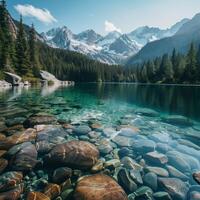 Landscape Canada. Tranquil lake reflecting a perfect mirror image of mountains and sky, serene and symmetrical, capturing the beauty and calmness of natural reflections photo