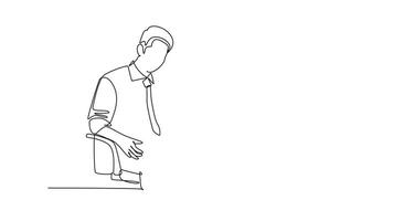 Self drawing animation of single line draw young furious male manager holding smartphone and calling his staff at office to ask report. Discussion on phone. Continuous line draw. Full length animated video