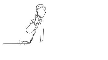 Animated self drawing of continuous line draw young success marketing manager discussing sales report from sales division during receiving phone call. Company report. Full length single line animation video