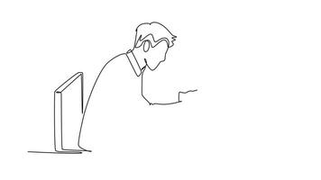 Animated self drawing of continuous line draw of young programmer typing message on smart phone to ask coding language to his friend at the office. Programming concept. Full length one line animation video