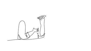 Self drawing animation of single line draw male director sitting on work chair, drinking coffee and calling his managers in front of computer. Business talk. Continuous line draw. Full length animated video