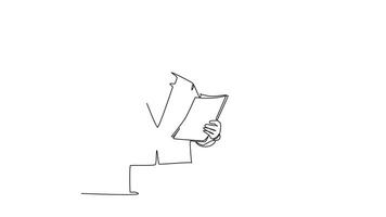 Animated self drawing of continuous line draw of young manager call recruitment manager with cellphone and ask application letter from applicant. Employee recruitment. Full length one line animation video