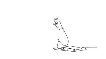 Self drawing animation of single line draw young happy manager drinking coffee at work desk and calling his partner with smartphone. Business conversation. Continuous line draw. Full length animated video