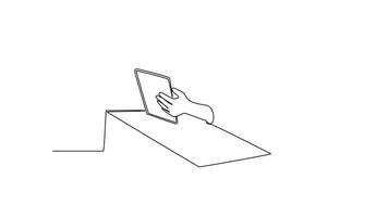 Animated self drawing of continuous line draw of young male manager reading company annual report while receiving phone call from staff at office. Check report concept. Full length one line animation video