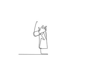 Animated self drawing of continuous line draw young startup CEO standing and holding a smartphone talking to colleague asking for business agreement. Business chat. Full length single line animation video