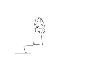 Self drawing animation of single line draw young businesswoman walking to office and talking on smartphone with her business partner. Business call concept. Continuous line draw. Full length animated video