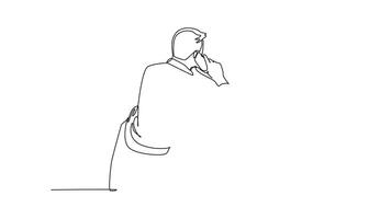 Self drawing animation of single line draw back view of male manager sitting on office sofa during calling team member to give instruction. Work direction. Continuous line draw. Full length animated video