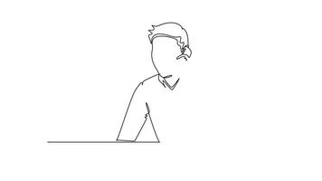 Animated self drawing of continuous line draw of young male employee receiving call from his boss and told to type on laptop. Work direction calling at office concept. Full length one line animation video