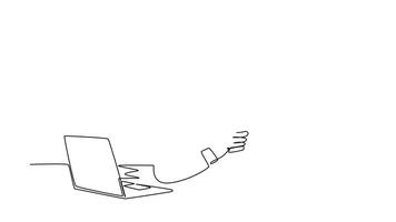 Animated self drawing of continuous line draw male manager drink coffee in front of laptop and receiving phone call from business colleague. Office work load concept. Full length single line animation video