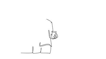 Self drawing animation of single line draw young female employee talking with her partner on smart phone while holding a cup of coffee drink. Drinking tea. Continuous line draw. Full length animated video