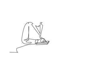 Animated self drawing of continuous line draw of young woman employee asking her friends using cellphone about company financial report at office. Annual report concept. Full length one line animation video